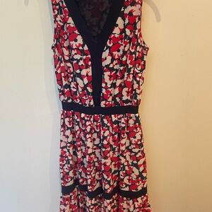 MICHAEL Michael Kors Red and Black Floral V-Neck Midi Dress